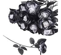 BestAlice 10 rose bianche e nere fiori artificiali, 40 cm, rosa nera fiore finto vero tocco singolo stelo di seta finto fiore per la casa giardino festa decorazione