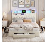 BestAlice 140 x 200 cm, letto imbottito con ricarica USB e tipo C, testiera a LED, illuminazione con telaio del letto e 3 cassetti con vano portaoggetti, griglia in legno, silenziosa, velluto, bianco
