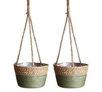 BestAlice 2 Pz Cesti da Appendere per Piante Fioriera da Appendere 7.8 Pollici Rattan Portafiori Porta Appendiabiti Epipremnum Vaso Canapa Corda da Parete Paglia Decorativa Fioriera Decorativa(Verde)