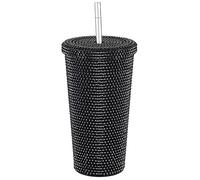 BestAlice Bicchiere da 500 ml, con coperchio e cannuccia, in acciaio inox, glitterato, con spazzole per cannuccia, riutilizzabile, grande, realizzato a mano, per donne e uomini, nero