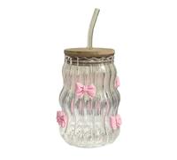 BestAlice Bicchieri in Vetro con Coperchi e Cannucce, Vetreria Vintage a Costine con Fiocchi o Rosa, Bicchiere in Vetro con Fiocco Rosa e Rosa, Set di Bicchieri Carini per Caffè
