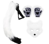 BestAlice Coda di Volpe in Pelliccia Sintetica, Maschera e Set Coda di Volpe Therian, Maschera di Animali, Maschera di Volpe Therian Pelosa, Maschera di Peluche Guanti con Zampe