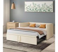 BestAlice Divano letto pieghevole 90/180 x 200 cm, con rete a doghe, Divano allungabile a 2 posti, singolo con estraibile, letto matrimoniale, tessuto vellutato, beige,Nessun materasso