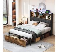 BestAlice Letto 140 x 200 cm, con cassetti, letto imbottito con USB e LED, letto matrimoniale con doghe in metallo, comodino con vano portaoggetti, letto con 2 cassetti, PU, stile industriale (140 x