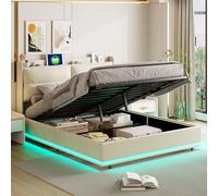 BestAlice letto baule imbottito 160 x 200 cm, matrimoniale con ripostiglio, porta USB tipo C, illuminazione a LED, rete a doghe in velluto testiera e imbottita, beige