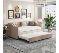 BestAlice Letto estraibile, 90/180 x 200 cm, divano letto, estraibile, morbida spalliera, design con rivetti, letto per ospiti imbottito con rete a doghe in legno, beige