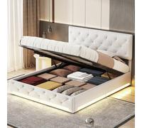 BestAlice Letto imbottito 140 x 200 cm con illuminazione a LED, letto matrimoniale, rete a doghe in lino, cassettiera idraulica (materasso non incluso), testiera regolabile, adolescente, moderno