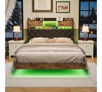 BestAlice Letto imbottito, 140 x 200 cm, con LED, rete a doghe in metallo, letto matrimoniale con vano portaoggetti, testiera con spazio nascosto, letto per ragazzi e adulti, per camera da letto