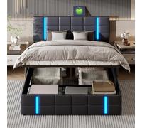 BestAlice Letto imbottito 160 x 200 cm, con vano portaoggetti, letto matrimoniale con LED, letto idraulico, per adulti con testiera, struttura del letto con rete a doghe, letto funzionale, in