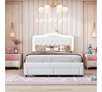 BestAlice Letto imbottito per bambine 140x200 cm, letti a Corona per Principessa con LED, Letto matrimoniale con testiera regolabile, con rete a doghe, letto per adolescent,PU,Bianco