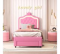 BestAlice Letto imbottito per bambine 90x200 cm, Letto a Corona per Principessa con LED e cassetti, rosa letto singolo imbottito con testiera regolabile, con rete a doghe,per adolescent,PU