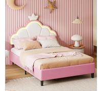 BestAlice Letto imbottito per bambine 90x200 cm, Letto a Corona per Principessa con LED, letto singolo imbottito con testiera regolabile, letto rosa con rete a doghe, per adolescent velluto