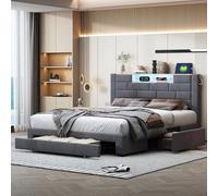BestAlice letto matrimoniale 140 × 200, soft pack con USB e LED a testa e coda del, letto contenitore in materiale lino con 4 cassetti in ferro, grigio scuro 140 x 200 (140×200-Grigio)