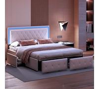BestAlice letto matrimoniale 140 × 200, soft pack con USB e LED a testa e coda del, letto contenitore in materiale lino con 4 cassetti in ferro, grigio scuro 140 x 200 (140x200-BIANCO)