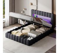 BestAlice Letto matrimoniale imbottito 140 x 200 cm, letto idraulico con LED e USB, letto per ragazzi con rete a doghe, lino, grigio, senza materasso