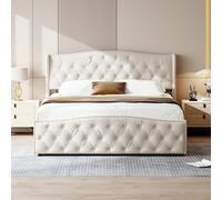 BestAlice Letto matrimoniale imbottito 160 × 200cm, letto contenitore con spazio di archiviazione, morbido letto imbottito in materiale di flanella con decorazione unghia in salice,beige (beige 160)