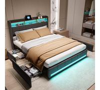 BestAlice Letto matrimoniale imbottito 160 x 200 cm con LED, letto con 4 cassetti, testiera con vano portaoggetti, telaio con rete a doghe, letto per bambini, letto per adulti, letto per riporre