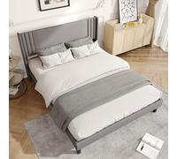 BestAlice Letto matrimoniale imbottito 160 x 200 cm, struttura letto con rete a doghe, letto per ragazzi e adulti, moderno, lino, grigio,