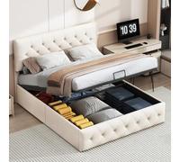 BestAlice Letto matrimoniale imbottito 160x200 cm con contenitore, letto una piazza e mezza con testiera regolabile, letti matrimoniali con rete a doghe,letto per adulti ragazzi,Albicocca