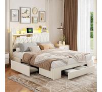 BestAlice Letto matrimoniale imbottito 160x200cm, letto contenitore beige con comodino LED e USB, materiale velluto morbido letto a sacco con 3 cassetti (160x200-B)