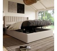 BestAlice Letto matrimoniale imbottito 160x200cm, letto contenitore una piazza e mezza con spazio di archiviazione, letto per adulti con rete a doghe in legno, lino, beige