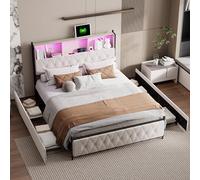 BestAlice Letto matrimoniale imbottito 180x200cm, letto contenitore beige con comodino LED e USB, materiale velluto morbido letto a sacco con 4 cassetti (180x200)