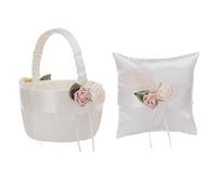 BestAlice Set di 2 cuscini da cerimonia nuziale con cesto e anello, in raso avorio con fiocco, cuscino e cesti per matrimoni, decorazioni per la casa
