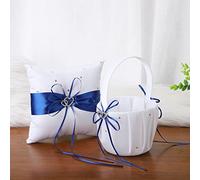 BestAlice Set di 2 cuscini in raso bianco e blu con motivo floreale e anello con doppio cuore strass decorazione per anniversario di matrimonio