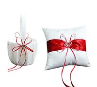 BestAlice Set di 2 cuscini in raso bianco e rosso con motivo floreale e anello con doppio cuore strass decorazione per anniversario di matrimonio