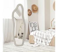 BestAlice Specchio intero 140 x 45 cm, grande asimmetrico, con cornice in tessuto di velluto, moderno da parete, da appendere, in piedi, inclinabile, per camera da letto, bianco