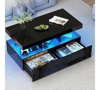 BestAlice Tavolino da salotto lucido con LED, tavolino bianco moderno rettangolare con spazio di archiviazione, 2 cassetti, per soggiorno e ufficio a casa (rettangolo nero)