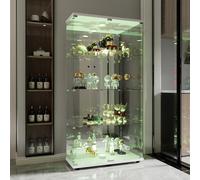 BestAlice Vetrina in vetro con LED, 164 x 80,5 x 36,5 cm, 2 ante 4 ripiani armadio in vetro, vetrina bar soggiorno con porta bloccabile, vetrina indipendente per soggiorno e ufficio bianco