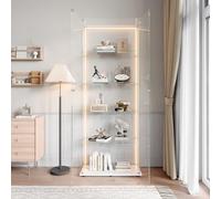 BestAlice Vetrina in vetro, da collezione, con barra luminosa a LED e serratura, con 2 ante e 5 ripiani, trasparente, per soggiorno, bar, bianco