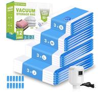 Bestash Sacchetti Sottovuoto Vestiti,12 Pezzi Buste Sottovuoto Vestiti da Viaggio,Addensato Sacchi Sottovuoto Vestiti/Piumoni con Pompa, per Coperte, Piumino, Cuscini, Trapunte, Viaggi, Traslochi
