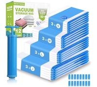 Bestash Sacchetti Sottovuoto Vestiti,12 Pezzi Buste Sottovuoto Vestiti da Viaggio,Addensato Sacchi Sottovuoto Vestiti/Piumoni con Mano Pompa,per Coperte, Piumino, Cuscini, Trapunte, Viaggi, Traslochi