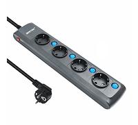 BESTEK - Ciabatta elettrica commutabile singolarmente, con 4 prese con interruttore a levetta blu, grande distanza femmina, montaggio a parete, 1,8 m, H05VV-F 3G 1,5, 4000 W/16 A, colore nero