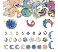 Bestewelry 50 ciondoli in lega smaltata a tema cielo, dorati, piatti, rotondi, a stella, luna, celesti, colorati ciondoli a forma di gatto per la creazione di gioielli, collane e bracciali, 25 stili,