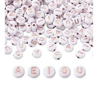 Bestewelry 500 perline rotonde piatte in acrilico con lettere vocali in oro rosa da 7 mm a disco bianco moneta alfabeto perline sciolte distanziali per la creazione di gioielli