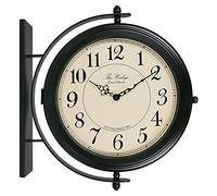 BESTIME Orologio da parete con finitura nera, 40,6 cm, in ferro battuto, metallo, telaio robusto, facile da leggere, orologio da stazione a due facce per giardino, decorazione per la casa, interni ed