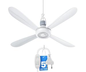 Bestlivings Ventilatore da soffitto portatile da appendere con gancio, silenzioso 25 dB, 5 W a basso consumo, Ø 40 cm con 4 pale removibili, XXL cavo 5 m con interruttore, spina UE 220-240 V