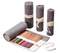 BESTonZON Astuccio Portapenne Arrotolabile in Tela Grigia Organizer Portatile 48 Scomparti per Matite Pennarelli e Penne Custodia Resistente per Artisti e Studenti per Viaggi e Uso
