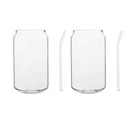 BESTonZON Drinking Glasses with Glass Straw 2Pcs Set- 11 8Oz (350 ml) Can Shaped Glass Cups Beer Glasses Iced Coffee for Whiskey Soda Tea Water