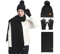 BESTORI Donna Cappello Invernale Sciarpa Guanti Touch Screen Set Maglia Pompom Berretto con Fodera in Pile Lunga Sciarpa per Natale Nero