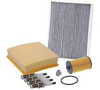 BESTPRICE Set di filtri di ispezione con 1x filtro aria, 1x filtro abitacolo (filtro antipolline) con carbone attivo, 4x candela Compatibile con OPEL CORSA D (S07)