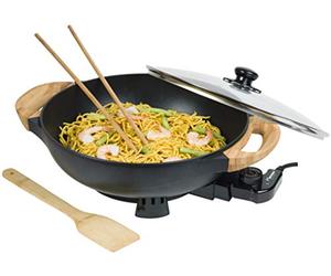 Bestron AEW100AS - Wok elettrico con manici in bambù, misura XL, con coperchio in vetro, spatola in bambù, 2 bastoncini da cucina e ricettario, 1500 W, colore nero metallizzato, 5 litri