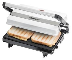 Bestron Piastra Tostapane, Griglia per panini con vassoio di raccolta, macchina per panini con impugnatura cool-touch e rivestimento antiaderente, 700 watt, Colore: Bianco