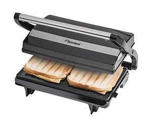 Bestron Piastra Tostapane, Griglia per panini con vassoio di raccolta, macchina per panini con impugnatura cool-touch e rivestimento antiaderente, 700 watt, Colore: Nero