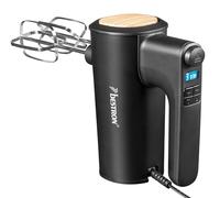 Bestron Potente mixer manuale con 6 livelli, funzione turbo e display LCD, agitatore con 2 fruste e 2 ganci per impastare, peso leggero di 1 kg, colore: nero/legno