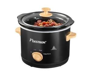Bestron Slowcooker per 2 persone, con padella in ceramica e coperchio in vetro, termostato a 3 livelli, ideale per molti piatti come carne, zuppe e verdure, 1,5 litri, nero e legno, colore: nero/legno