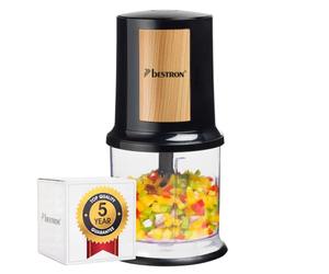 Bestron Tritatutto elettrico, tritatutto universale con due coltelli da taglio e capacità 500 ml, grande pulsante a pulsante, 400 Watt, collezione Black & Wood, colore: nero/legno